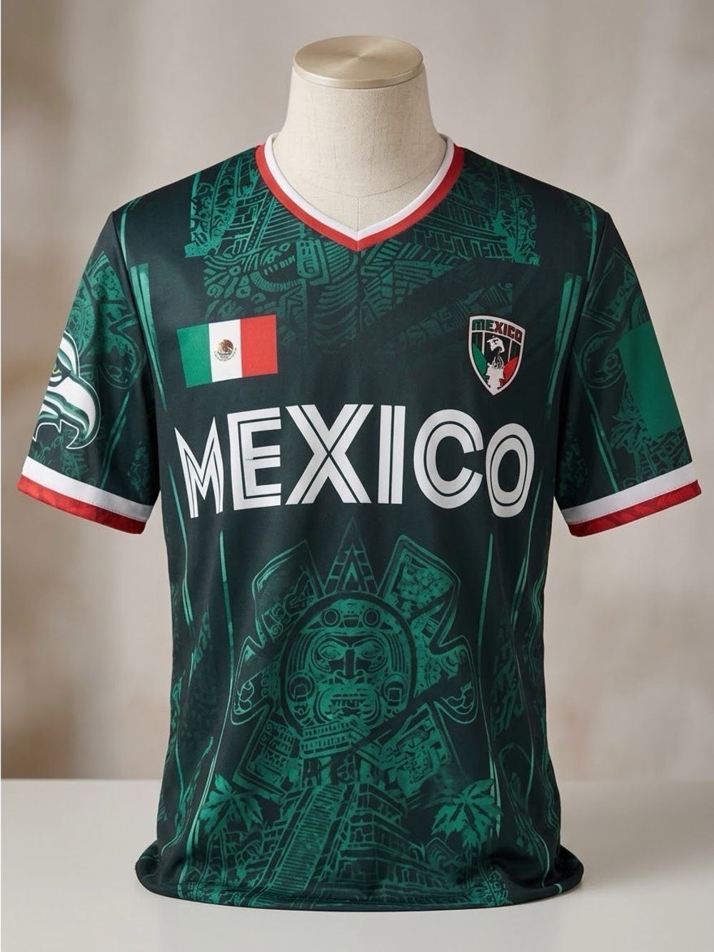 Mexico Aztec Mayan Calendar Soccer Jersey Men's XL Green Graphic Fan Shirt